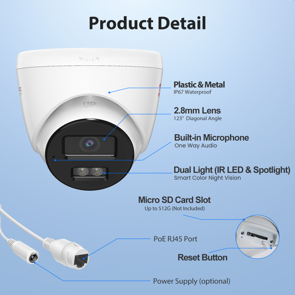 4MP Turret PoE Security Camera with Mic, IP67 Waterproof