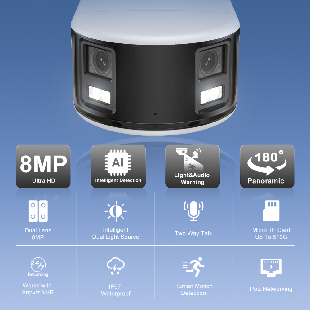 4K 180° Dual-lens Bullet POE Camera, Professional Panoramic Security Camera IP67 Weatherproof
