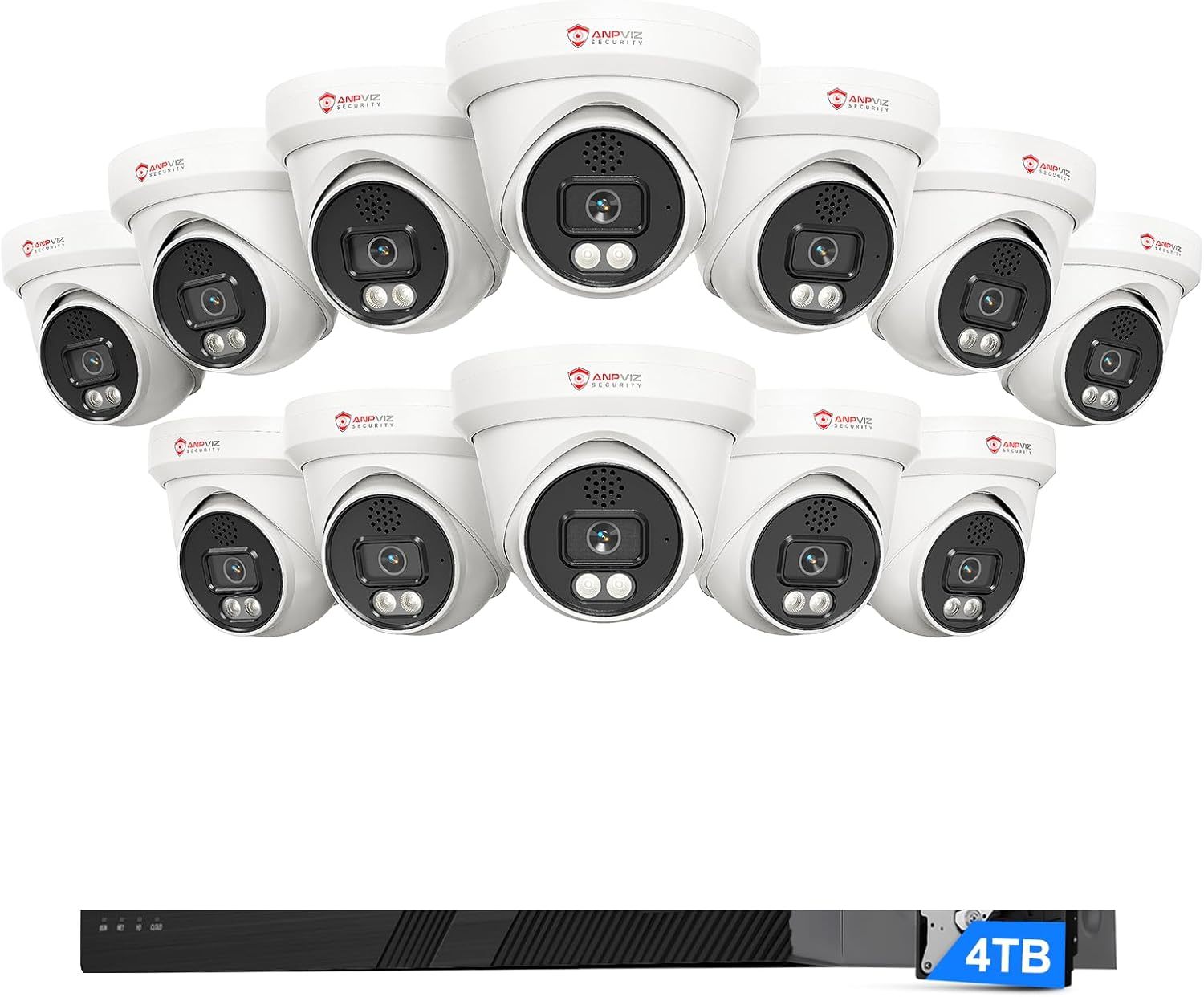 [Two Way Audio] - Anpviz 16CH 4K PoE Security Camera System, 10x 8MP Wired IP Turret Cameras Outdoor, Active Deterrent, Human Vehicle Detection, 12MP PoE NVR with 4TB HDD for Business, 0 Monthly Fees