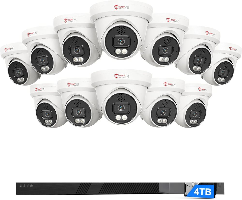 [Two Way Audio] - Anpviz 16CH 4K PoE Security Camera System, 10x 8MP Wired IP Turret Cameras Outdoor, Active Deterrent, Human Vehicle Detection, 12MP PoE NVR with 4TB HDD for Business, 0 Monthly Fees