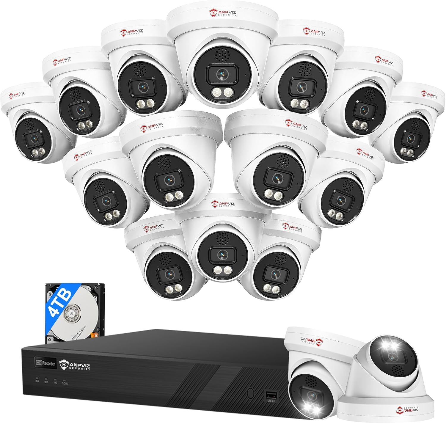 [Two Way Audio] - Anpviz 16CH 4K PoE Security Camera System, 10x 8MP Wired IP Turret Cameras Outdoor, Active Deterrent, Human Vehicle Detection, 12MP PoE NVR with 4TB HDD for Business, 0 Monthly Fees