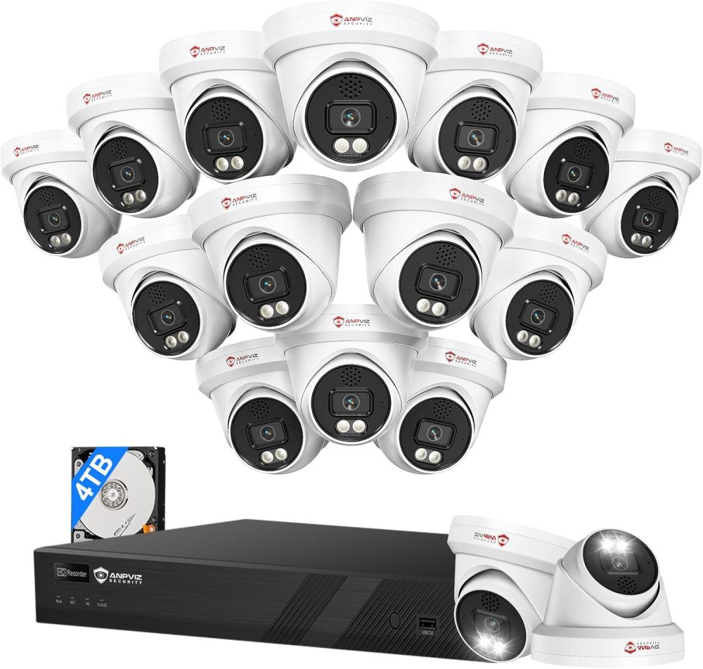 [Two Way Audio] - Anpviz 16CH 4K PoE Security Camera System, 10x 8MP Wired IP Turret Cameras Outdoor, Active Deterrent, Human Vehicle Detection, 12MP PoE NVR with 4TB HDD for Business, 0 Monthly Fees