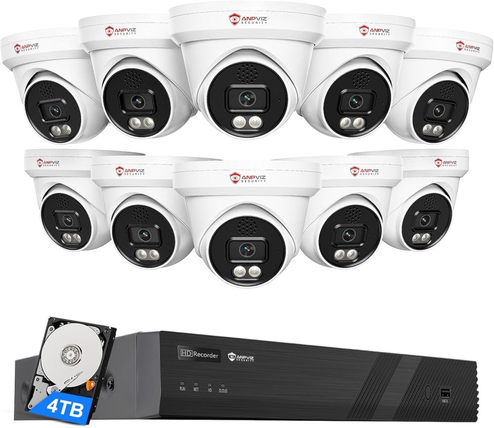 [Two Way Audio] - Anpviz 16CH 4K PoE Security Camera System, 10x 8MP Wired IP Turret Cameras Outdoor, Active Deterrent, Human Vehicle Detection, 12MP PoE NVR with 4TB HDD for Business, 0 Monthly Fees