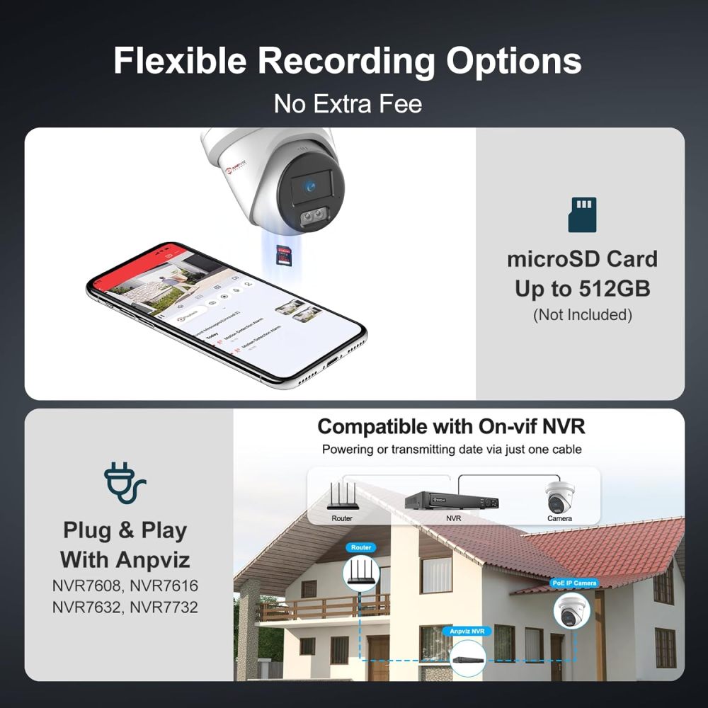Anpviz Commercial 0.0008Lux@F1.0 Starlight 24/7 Color Night Vision PoE IP Camera Outdoor, Line Crossing Detection, Intrusion Detection, 4MP Human Vehicle Detection, Metal, WDR, IP67, IPC-D3443WD-SV