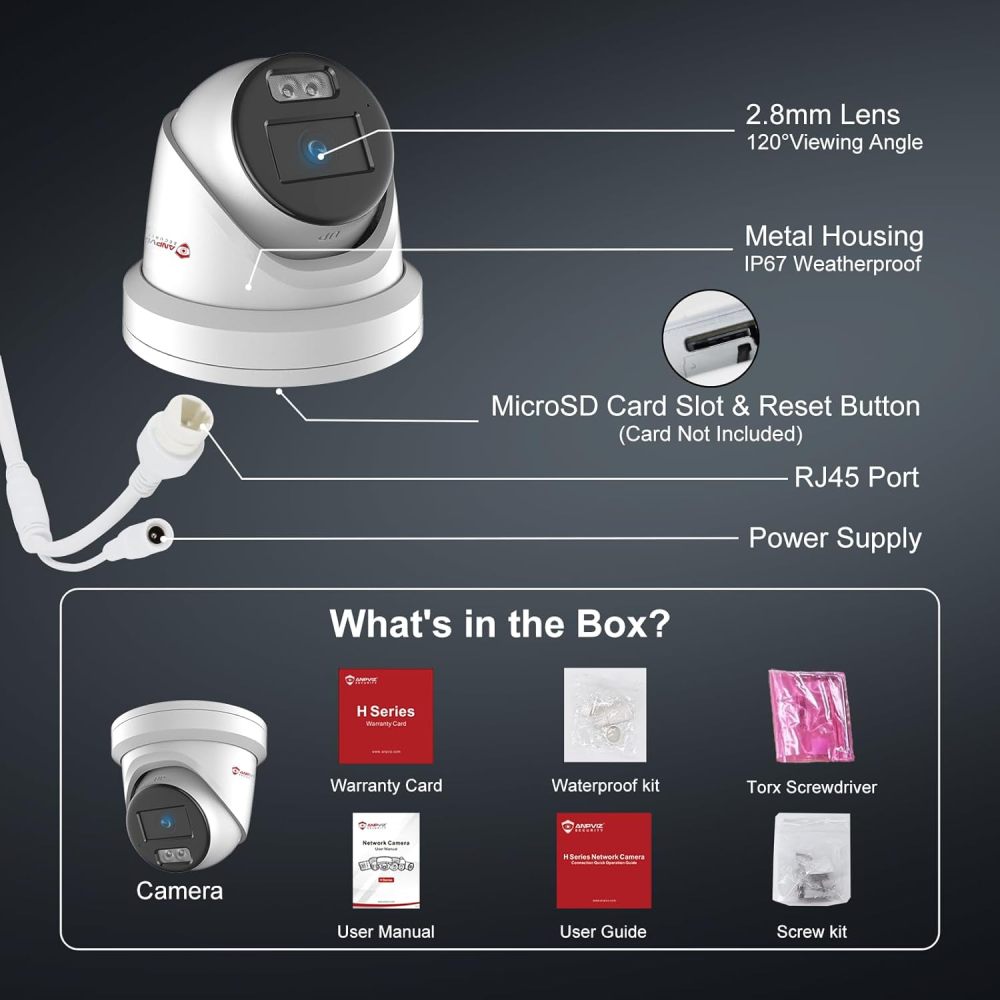 Anpviz Commercial 0.0008Lux@F1.0 Starlight 24/7 Color Night Vision PoE IP Camera Outdoor, Line Crossing Detection, Intrusion Detection, 4MP Human Vehicle Detection, Metal, WDR, IP67, IPC-D3443WD-SV