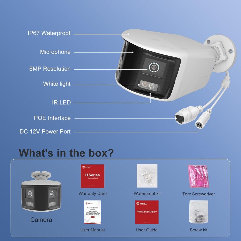 Anpviz 180° 6MP Dual Lens Security Camera, 180 Degree Panoramic View Bullet Wired POE IP Camera, Active Deterrence Red & Blue Strobe Flash Light and Audio Alarm, Color Night Vision MD2.0 (H Series）