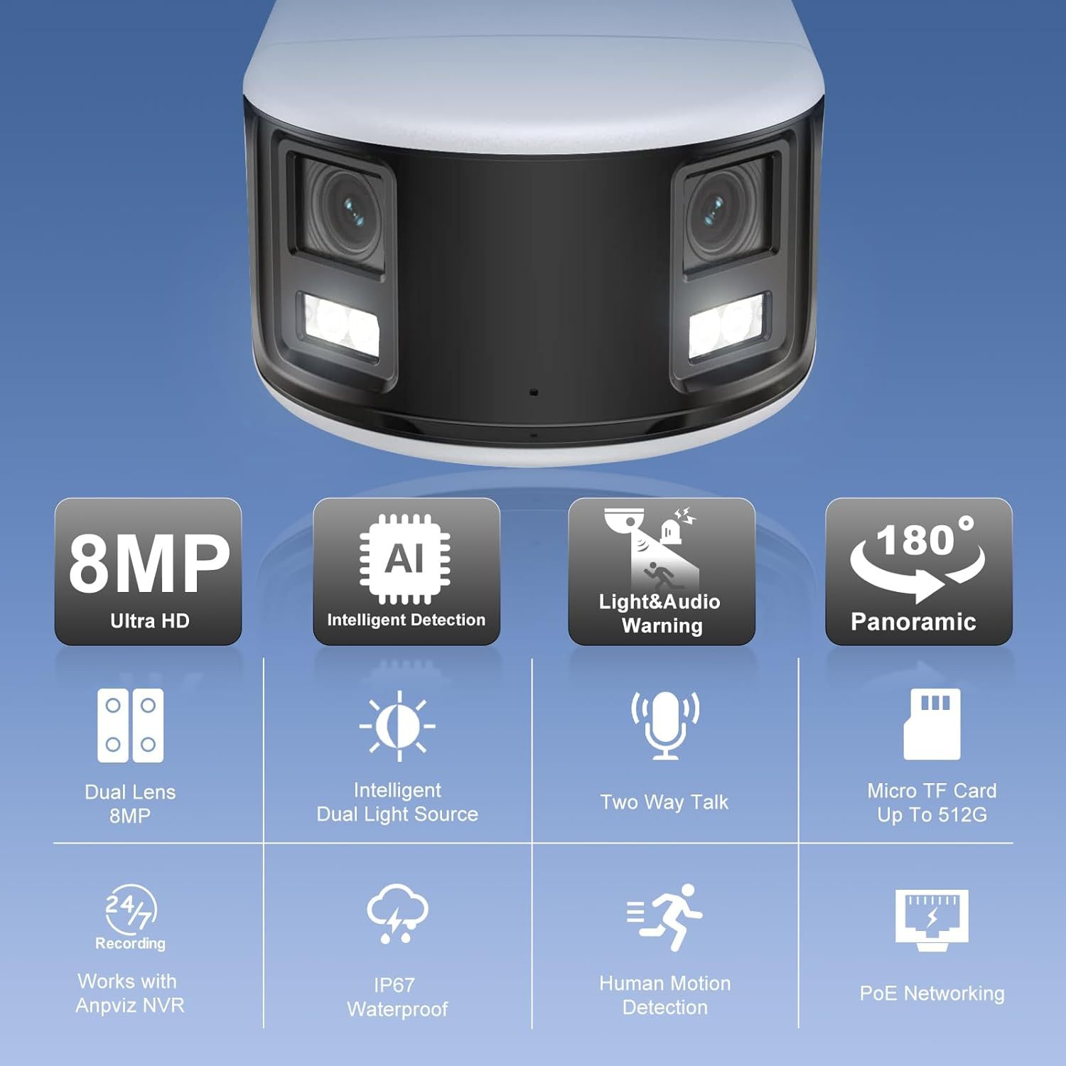 Anpviz 4K/8MP PoE 180 Degree IP Dual-Lens Security Camera Outdoor, 180° Panoramic Wide Angle Wired Bullet Camera with Human/Vehicle Detection, Two Way Talk, Built-in MicroSD Card Slot (H Series)