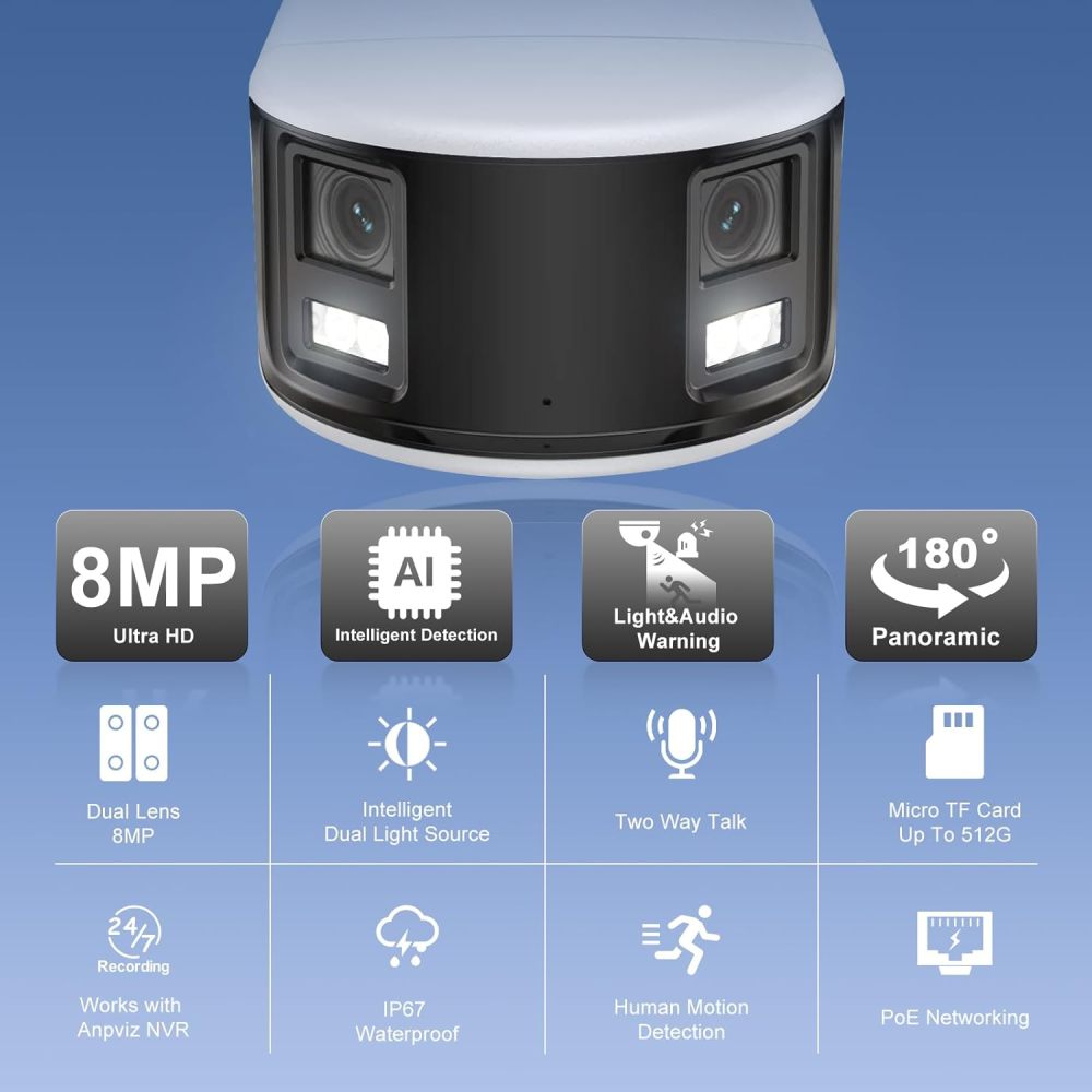Anpviz 4K/8MP PoE 180 Degree IP Dual-Lens Security Camera Outdoor, 180° Panoramic Wide Angle Wired Bullet Camera with Human/Vehicle Detection, Two Way Talk, Built-in MicroSD Card Slot (H Series)
