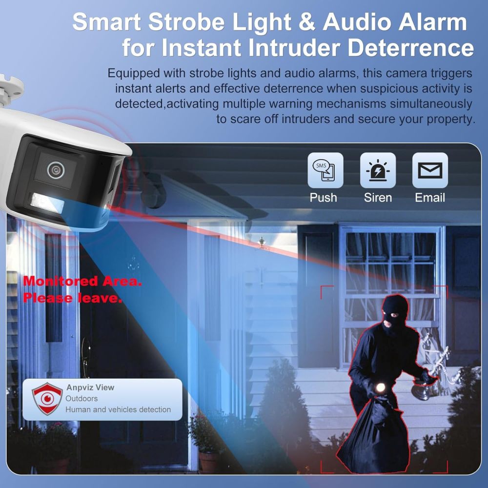Anpviz 180° 6MP Dual Lens Security Camera, 180 Degree Panoramic View Bullet Wired POE IP Camera, Active Deterrence Red & Blue Strobe Flash Light and Audio Alarm, Color Night Vision MD2.0 (H Series）
