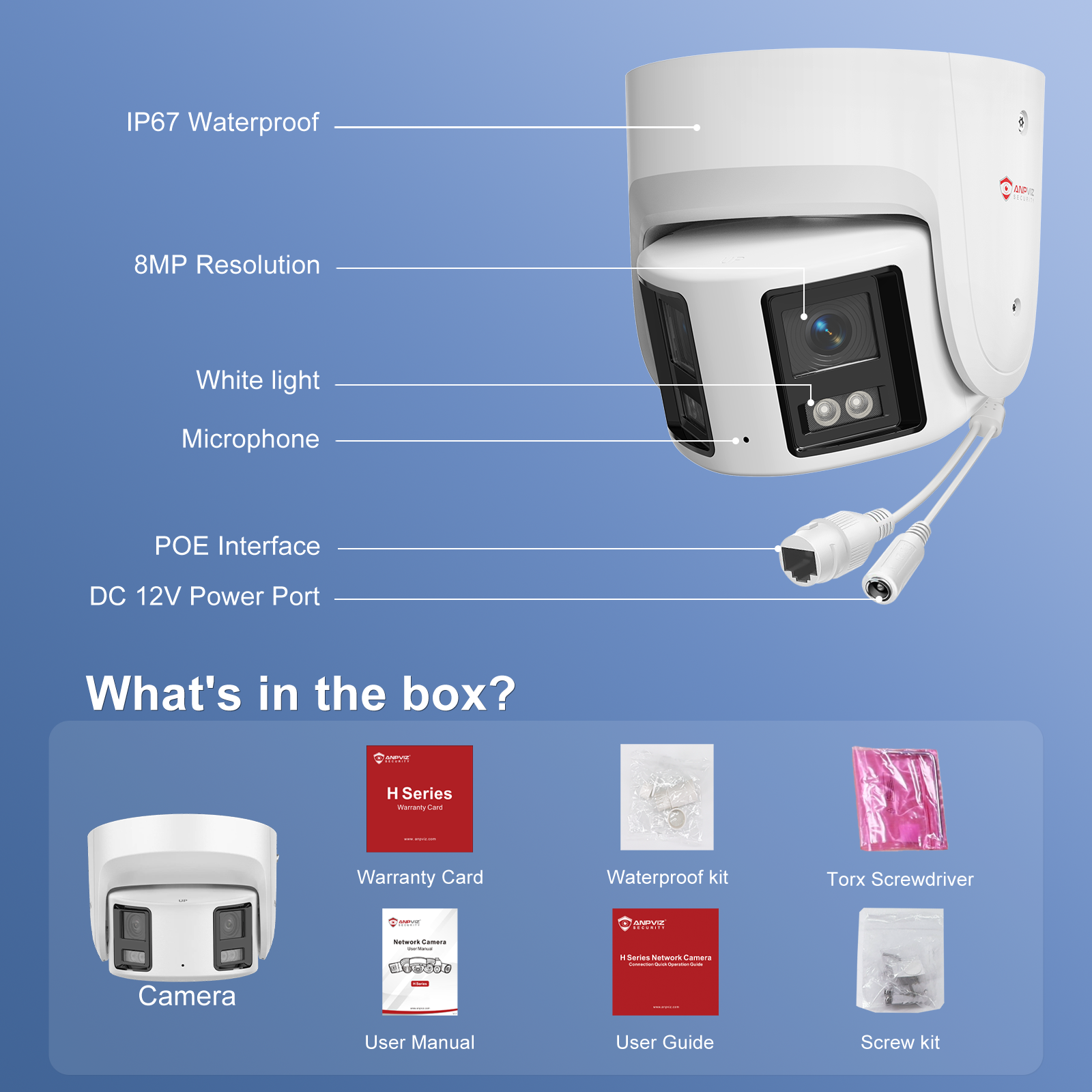 USA Only Full Color 4K Panoramic Turret POE Camera, ColorVu & VCA & Active Deterrence, 8MP 180° Dual-lens POE Security Camera