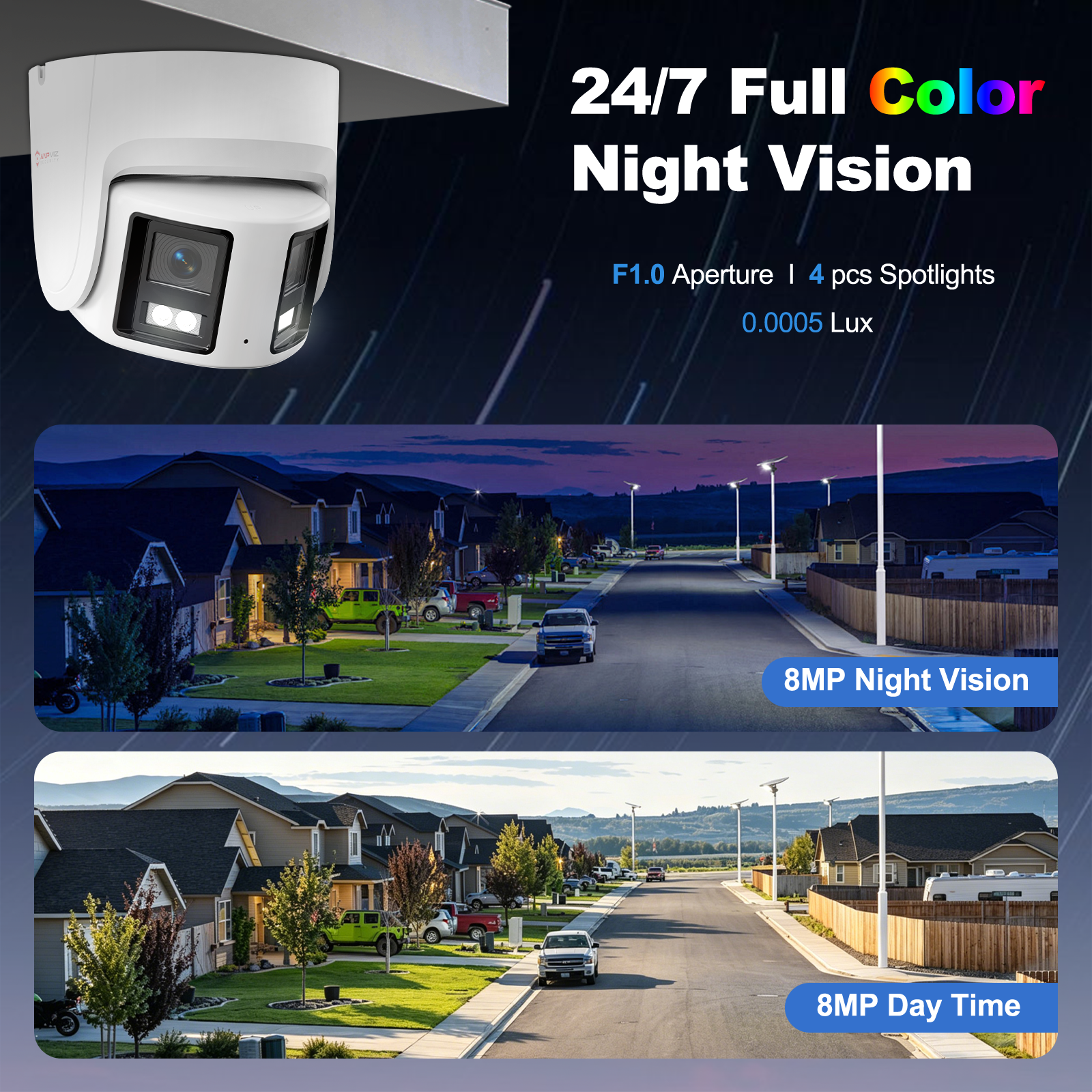 USA Only Full Color 4K Panoramic Turret POE Camera, ColorVu & VCA & Active Deterrence, 8MP 180° Dual-lens POE Security Camera