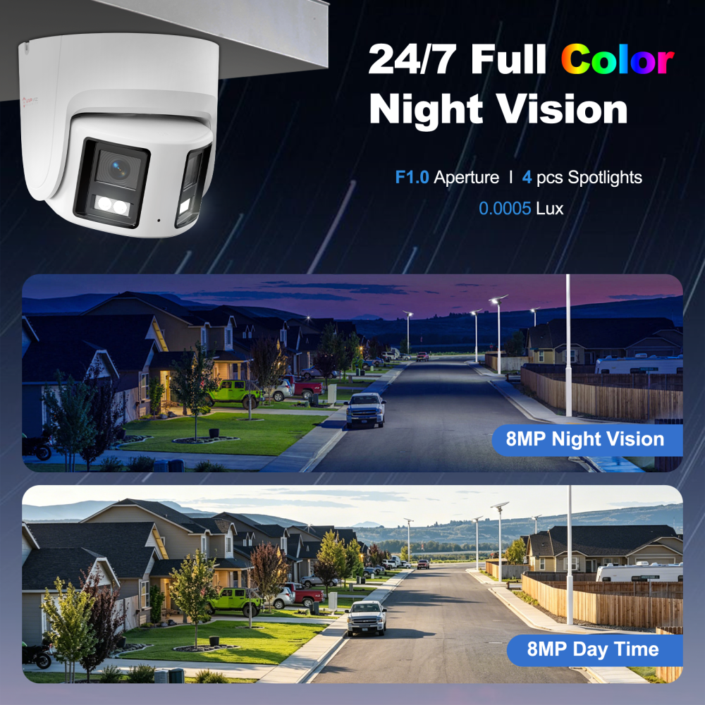 USA Only Full Color 4K Panoramic Turret POE Camera, ColorVu & VCA & Active Deterrence, 8MP 180° Dual-lens POE Security Camera
