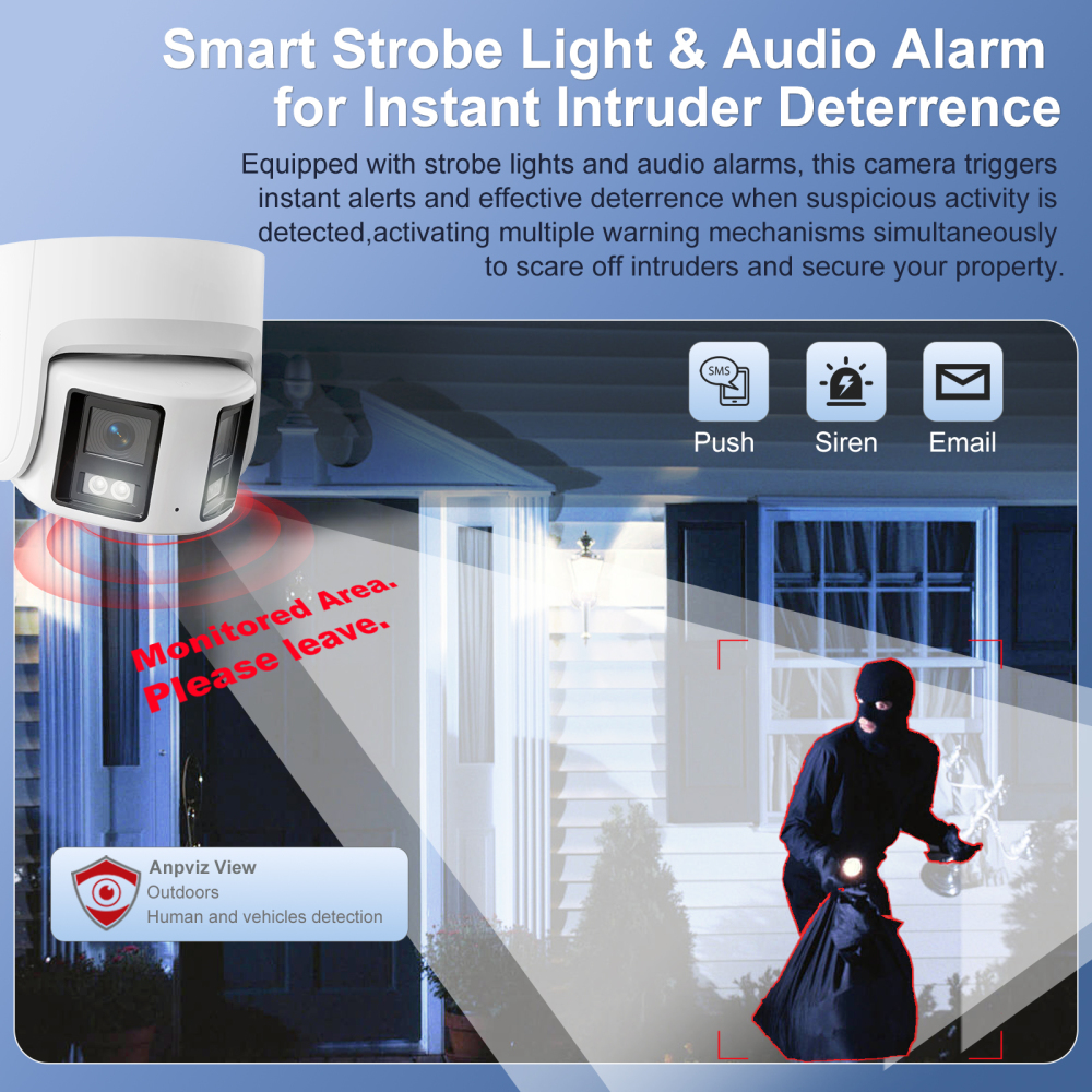 USA Only Full Color 4K Panoramic Turret POE Camera, ColorVu & VCA & Active Deterrence, 8MP 180° Dual-lens POE Security Camera