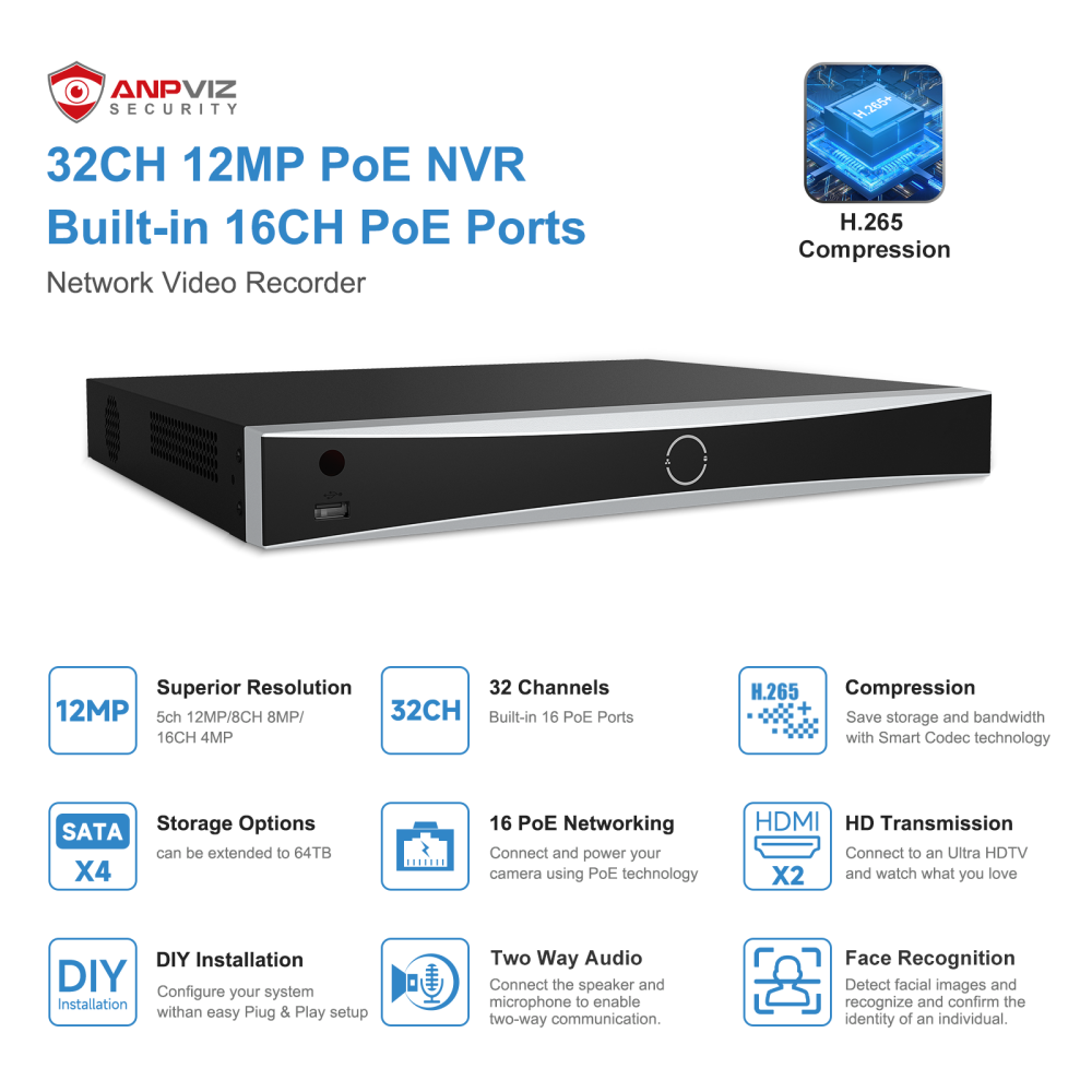 USA Only Anpviz 32CH 12MP PoE NVR POE Network Video Recorder IP Home Security Camera System Video Recorder H.265+ Guarding Vision APP up to 32TB HDD(Not Included HDD)