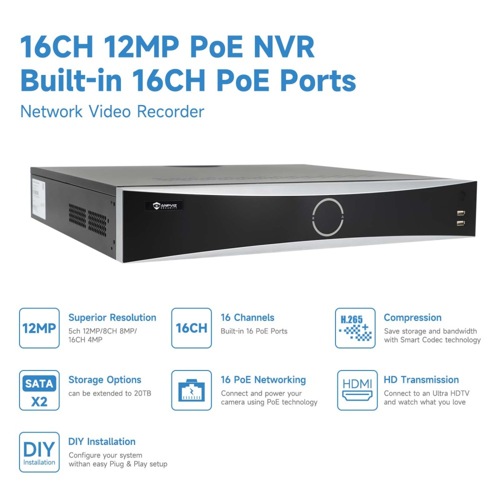 Anpviz 16CH 12MP POE Network Video Recorder 16Ch/16Poe NVR 2SATA Max 32TB Storage AI Motion Detection 24/7 Recording H265+