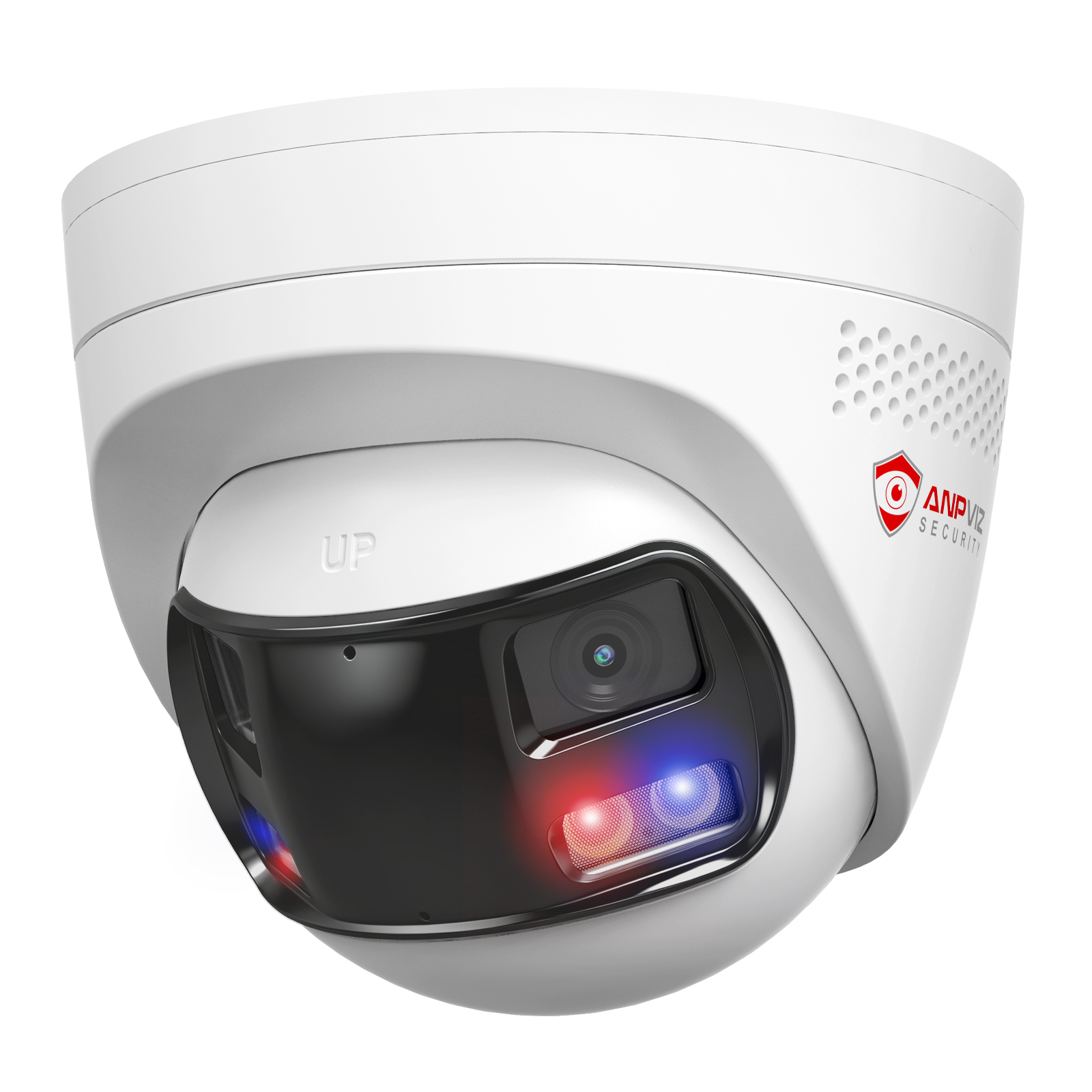 4K Dual Lenses Security PoE Camera Outdoor, Seamless Panoramic 180° View, Strobe Red & Blue Light and Audio Alarm