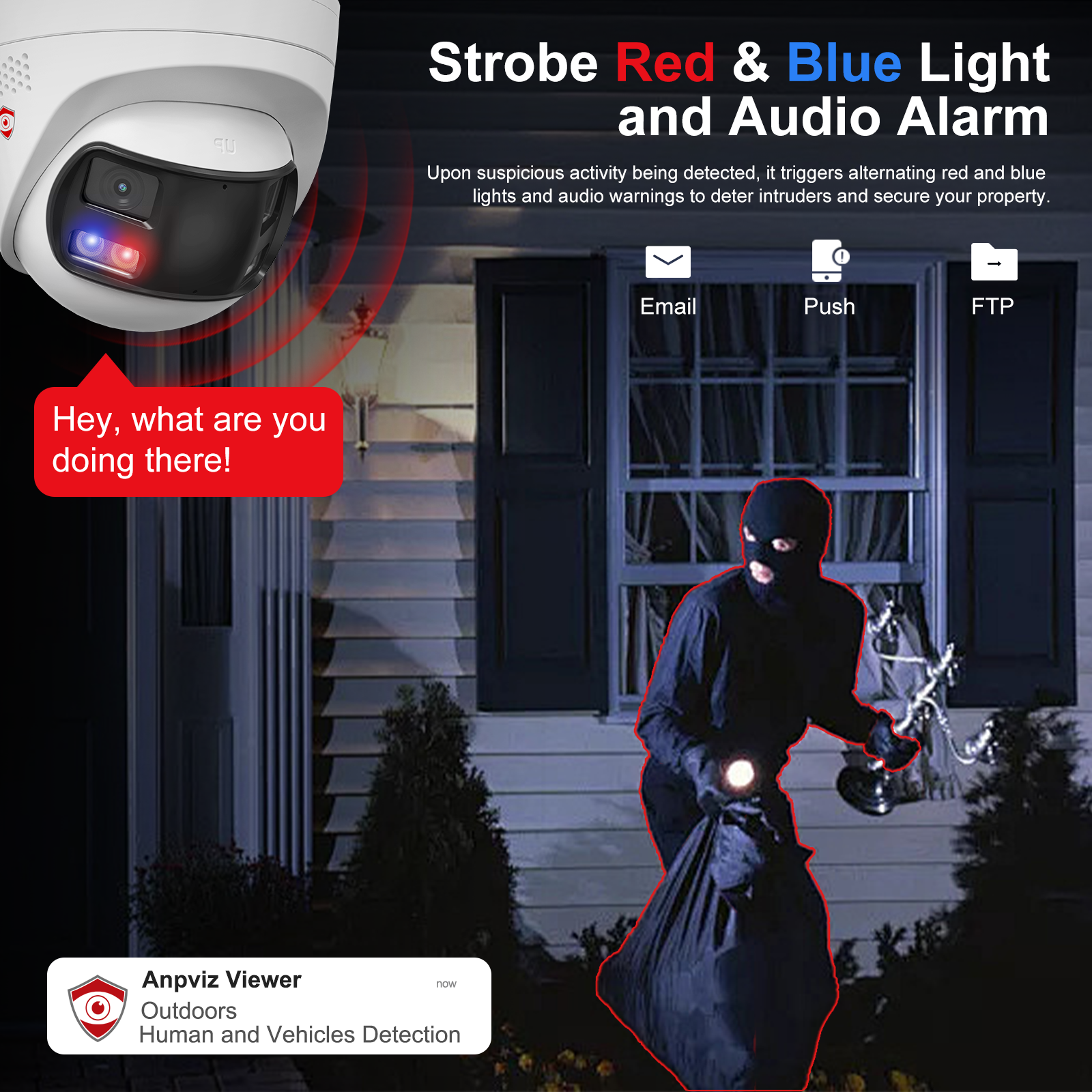 4K Dual Lenses Security PoE Camera Outdoor, Seamless Panoramic 180° View, Strobe Red & Blue Light and Audio Alarm