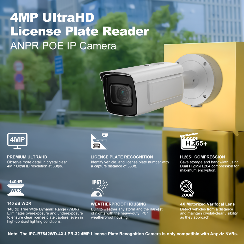 4MP ANPR 8-32mm Varifocal Lens 4X Zoom Bullet Camera with 330FT IR Night Vision, Automatic License Plate Recognition, IP67 Waterproof, IK10 Vandal-proof(H Series)