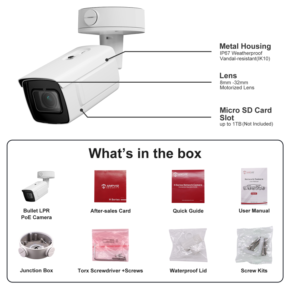 4MP ANPR 8-32mm Varifocal Lens 4X Zoom Bullet Camera with 330FT IR Night Vision, Automatic License Plate Recognition, IP67 Waterproof, IK10 Vandal-proof(H Series)