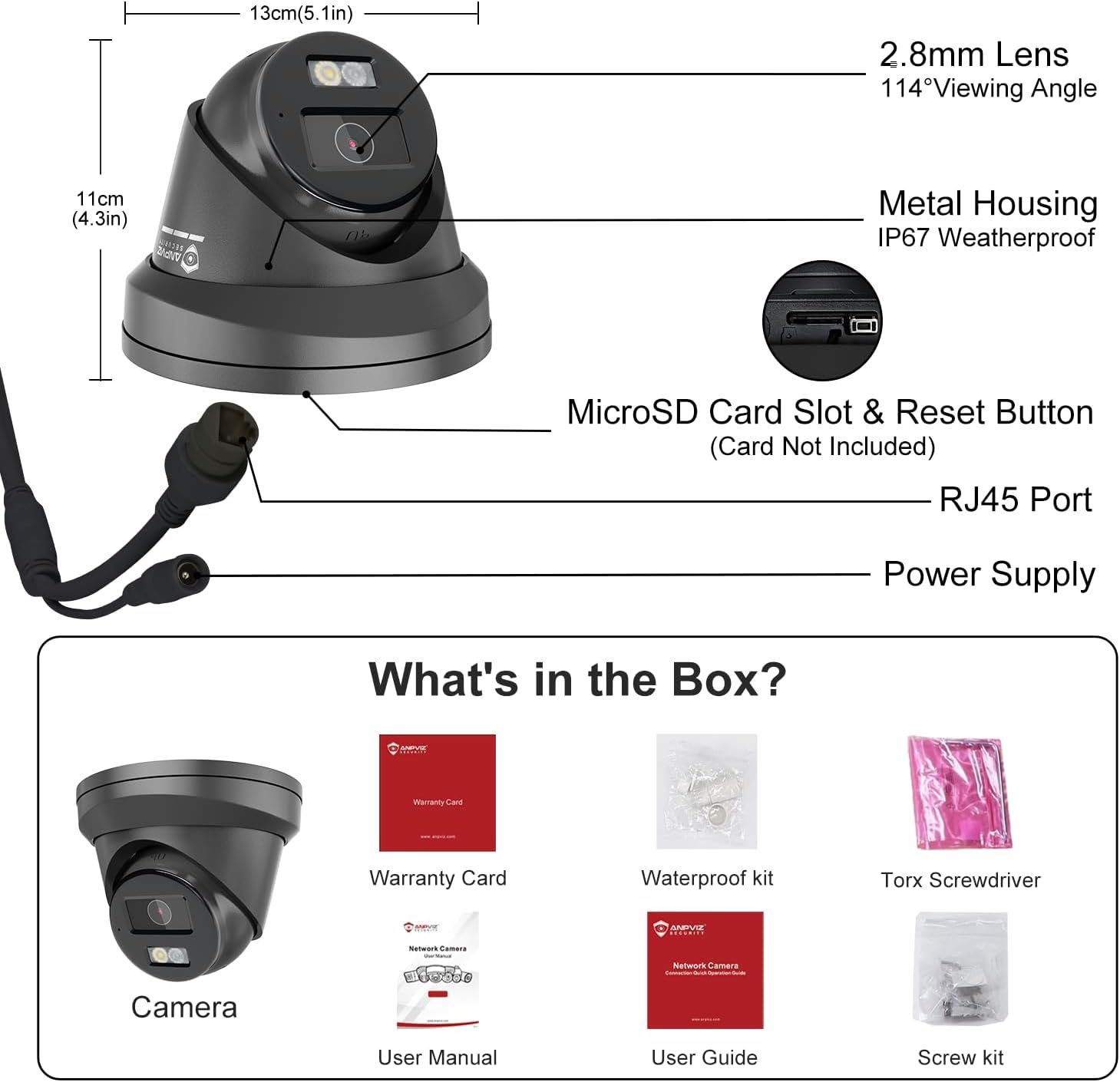 4K Black Turret POE Camera, Smart Dual Light Security IP Camera, Human/Vehicle Detection, 2.8mm Lens, Full Metal Housing, Built-in Mic, IP67 Waterproof