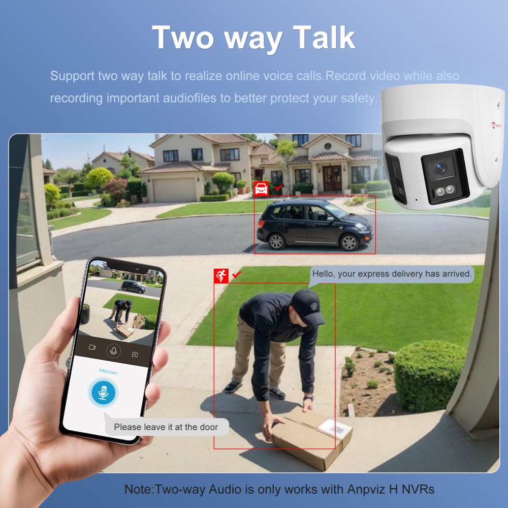 4K Dual-Lens 180° Panoramic Turret Camera – Smart Motion Detection with Strobe Light & Audible Alarm, 24/7 Full-Color View, Two-Way Audio, Anpviz Viewer Remote Access