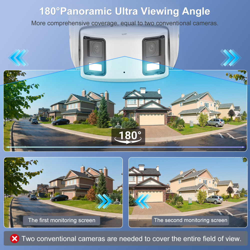 4K Dual-Lens 180° Panoramic Turret Camera – Smart Motion Detection with Strobe Light & Audible Alarm, 24/7 Full-Color View, Two-Way Audio, Anpviz Viewer Remote Access