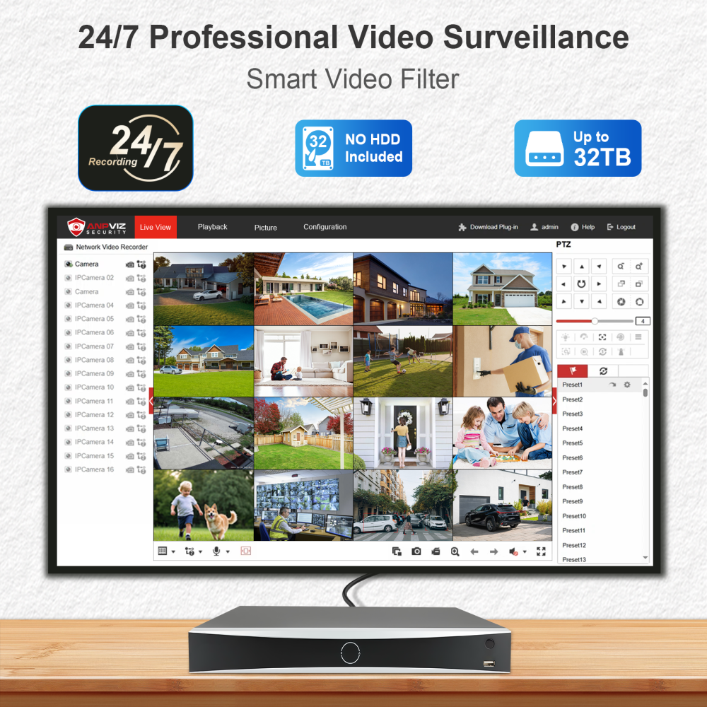 Anpviz 32CH 12MP PoE NVR, 16 PoE Ports, 256Mbps Bandwidth, H.265+ Compression, AI Perimeter Protection, 2SATA Up to 32TB