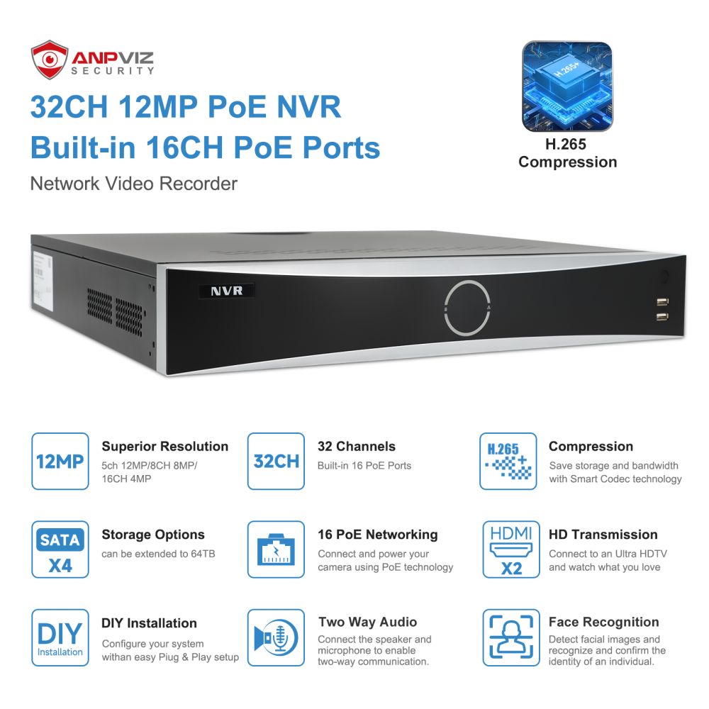 Anpviz 12MP POE NVR 32CH 16POE Port H265+ 4SATA interface Max 64TB capacity AI Motion Detection 4K video output