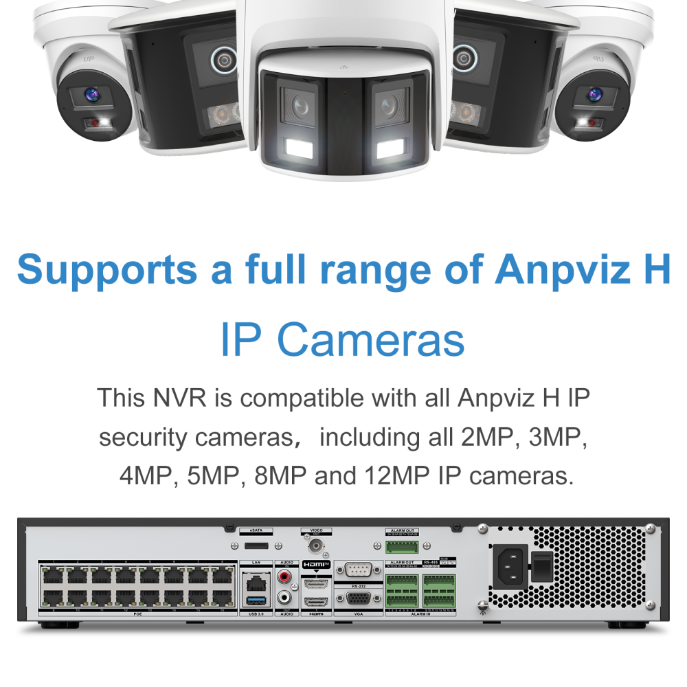 Anpviz 12MP POE NVR 32CH 16POE Port H265+ 4SATA interface Max 64TB capacity AI Motion Detection 4K video output
