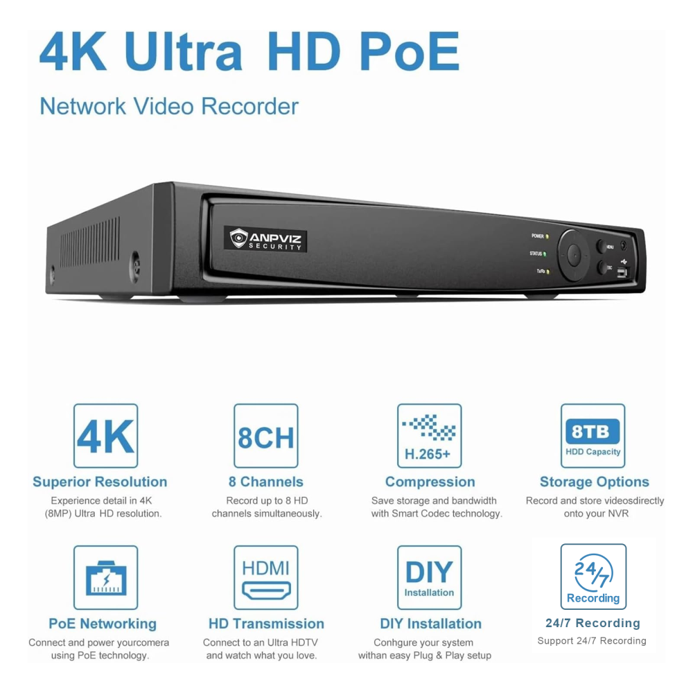 Anpviz 8CH 12MP POE NVR with 2TB HDD 8 POE Port Network Video Recorder H.265+ Support AI Motion Detection 24/7 Recording
