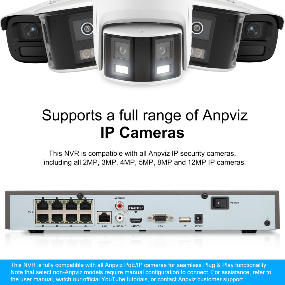 Anpviz 8CH 12MP POE NVR with 2TB HDD 8 POE Port Network Video Recorder H.265+ Support AI Motion Detection 24/7 Recording
