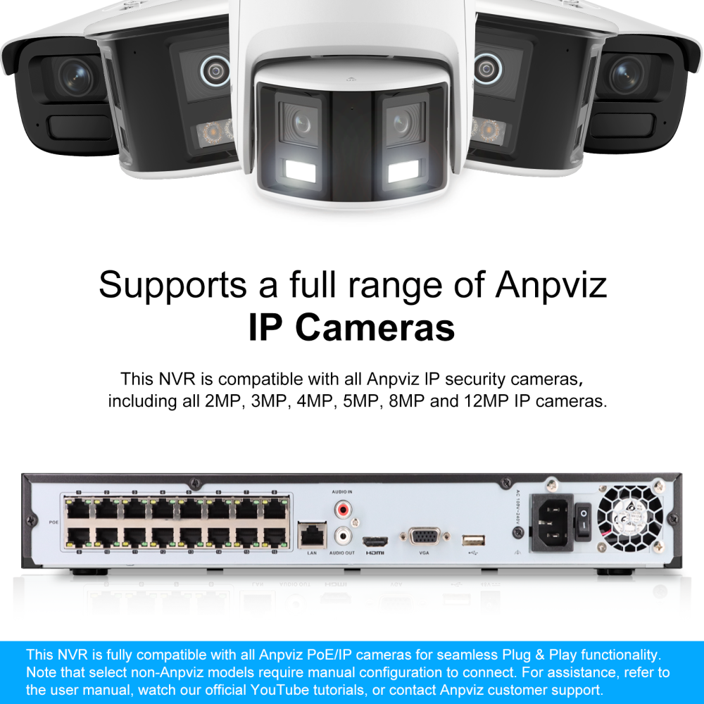 16CH 12MP PoE NVR with AI VCA, 16 PoE Ports, 2SATA up to 16TB, 160Mbps Bandwidth, H.265+ Compression, Perimeter Protection, Plug & Play with Anpviz IP Cameras