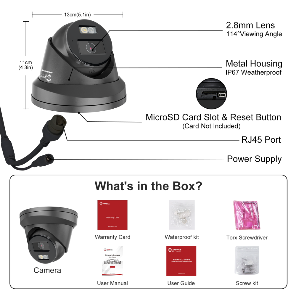 USA Only Anpviz Black 5MP PoE Camera, Metal Turret Security Camera with Audio, Human Vehicle Detection, Smart Color Night Vision