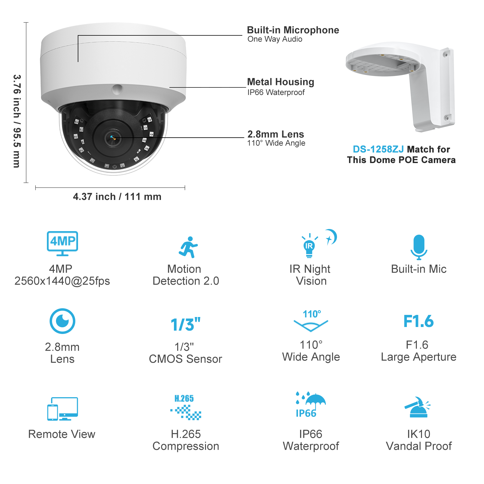 UNILOOK 4MP PoE IP Dome Camera, Wired IP Security Camera Outdoor Indoor 100ft Night Vision, Microphone, IK10, IP66 Waterproof, 2.8mm Wide Angle Lens, Not PTZ, NDAA Complaint