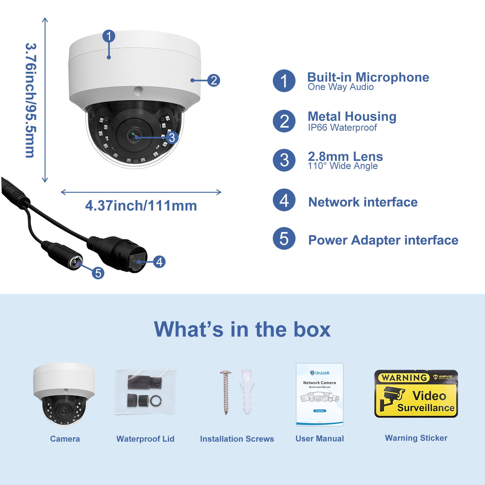 UNILOOK 4MP PoE IP Dome Camera, Wired IP Security Camera Outdoor Indoor 100ft Night Vision, Microphone, IK10, IP66 Waterproof, 2.8mm Wide Angle Lens, Not PTZ, NDAA Complaint