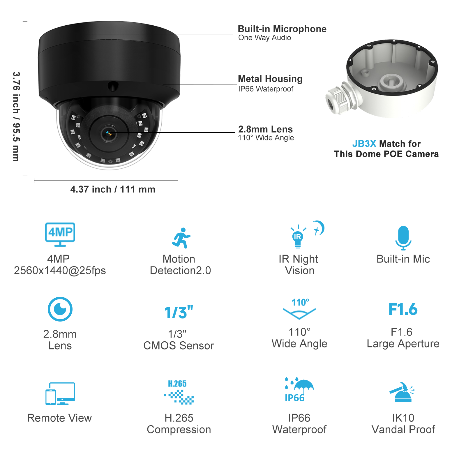 UNILOOK 4MP PoE IP Dome Camera, Wired IP Security Camera Outdoor Indoor 100ft Night Vision, Microphone, IK10, IP66 Waterproof, 2.8mm Wide Angle Lens, Not PTZ, NDAA Complaint (Black)