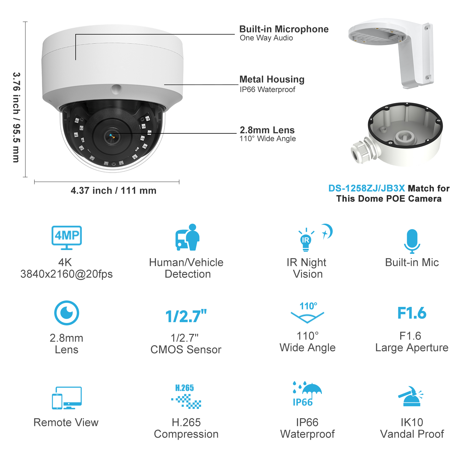UNILOOK 4K 8MP PoE IP Dome Camera, IP Security Camera Outdoor Indoor, AI Human Vehicle Detection, 100ft Night Vision, Built-in Microphone, IK10, 2.8mm Wide Angle Lens, Not PTZ, NDAA Complaint