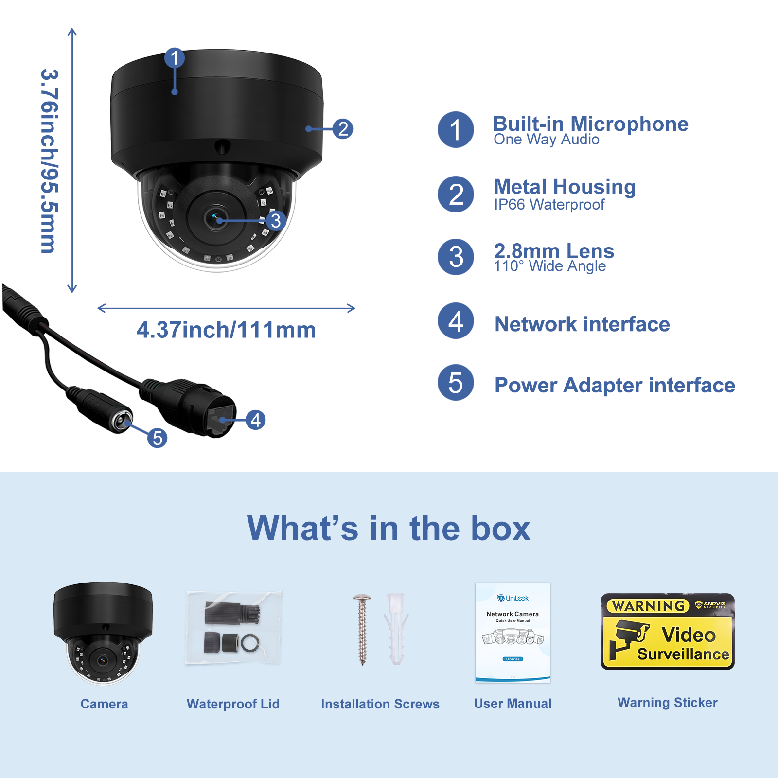 UNILOOK 4K 8MP PoE IP Dome Camera, IP Security Camera Outdoor Indoor, AI Human Vehicle Detection, 100ft Night Vision, Built-in microphone, IP66, IK10, 2.8mm Wide Angle Lens, NDAA Complaint