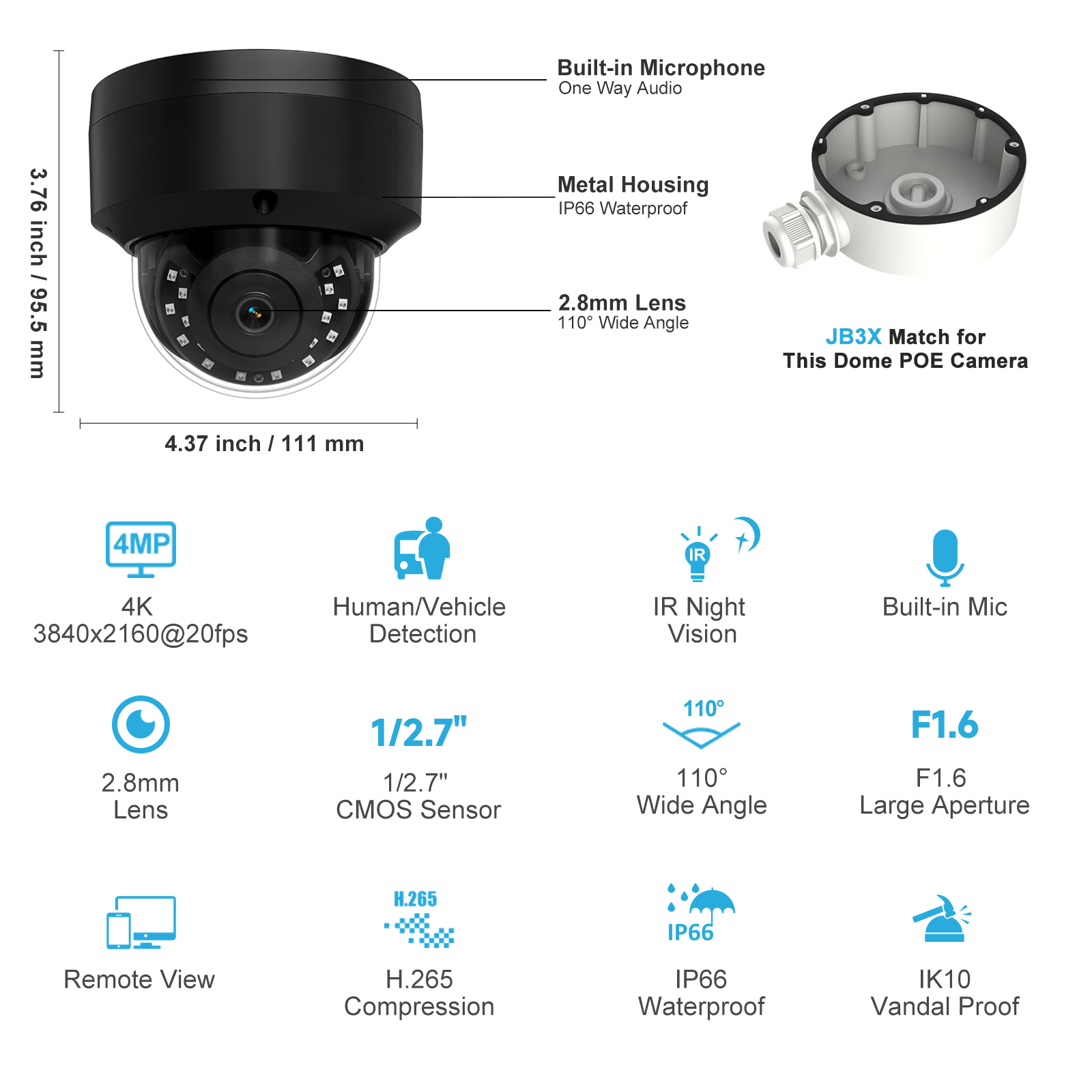 UNILOOK 4K 8MP PoE IP Dome Camera, IP Security Camera Outdoor Indoor, AI Human Vehicle Detection, 100ft Night Vision, Built-in microphone, IP66, IK10, 2.8mm Wide Angle Lens, NDAA Complaint