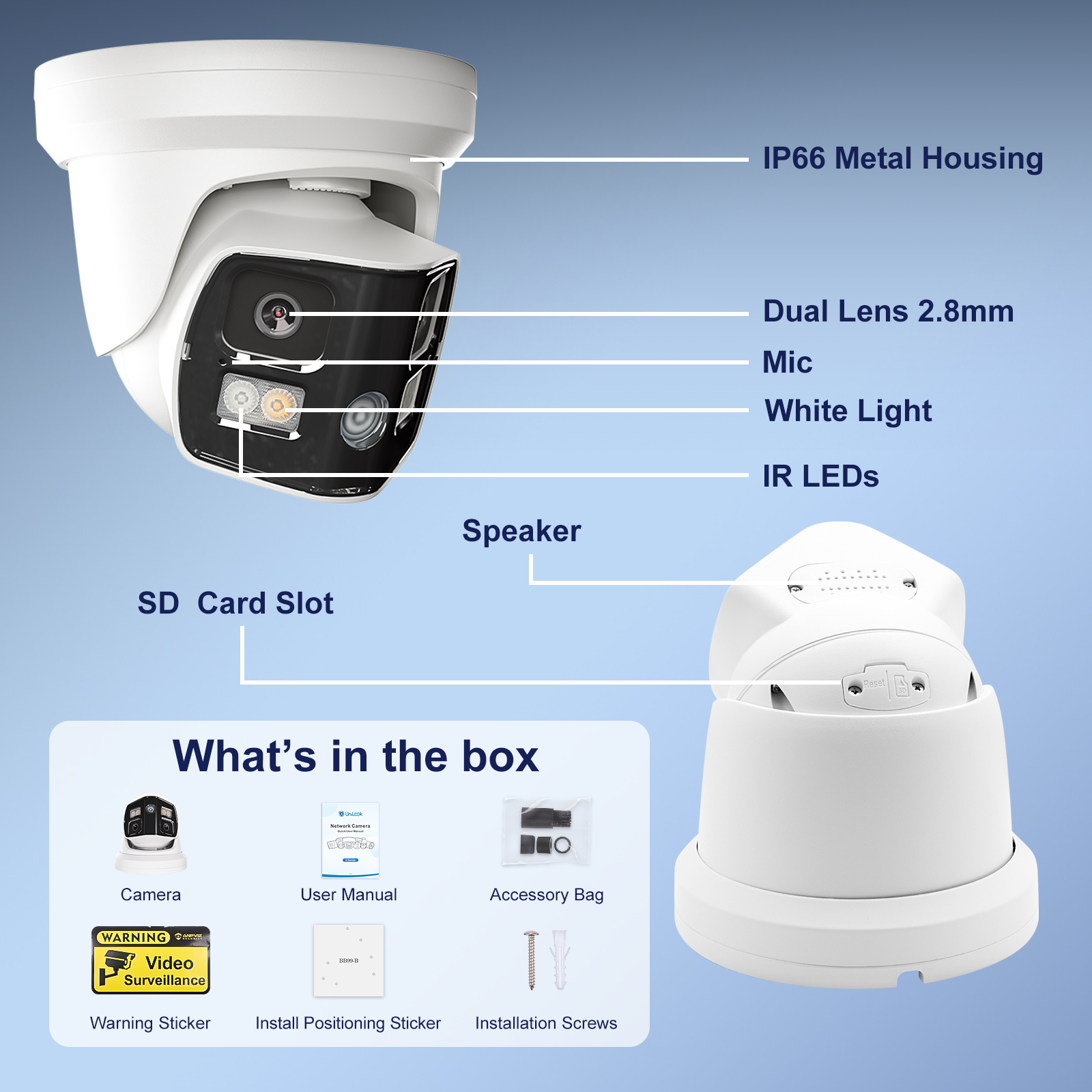 UNILOOK 4K Dual Lens PoE IP Security Camera, 180 Degree Panoramic IP Camera 180 Degree Panoramic Wired Security IP Camera, Smart Dual Light, AI Human/Vehicle Detection, Two Way Talk, 512GB SD Slot