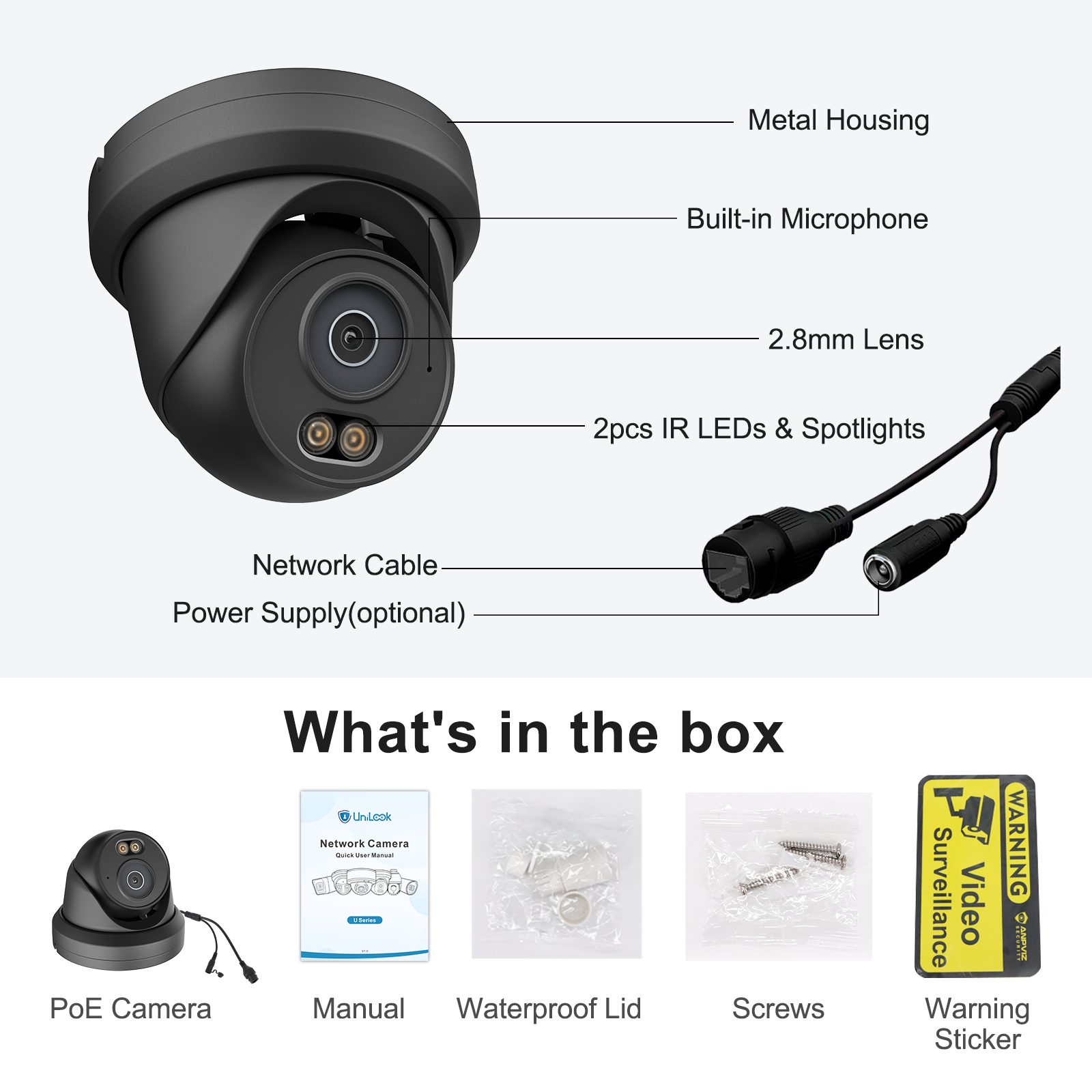 UNILOOK 4MP PoE IP Camera, Wired Turret Security IP Camera Outdoor 100FT Smart Dual Light Color Night Vision, AI Human Motion Detection, Built-in Mic, IP66, 2.8mm, Full Metal, NDAA (Black)