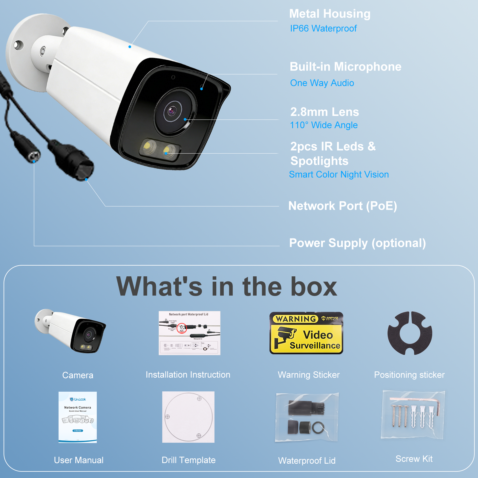 UNILOOK 4MP Bullet PoE Camera, Wired Security IP Camera Outdoor Indoor 100ft Smart Color Night Vision, AI Human Motion Detection, Built-in Mic, 2.8mm Lens, Full Metal, Business, NDAA