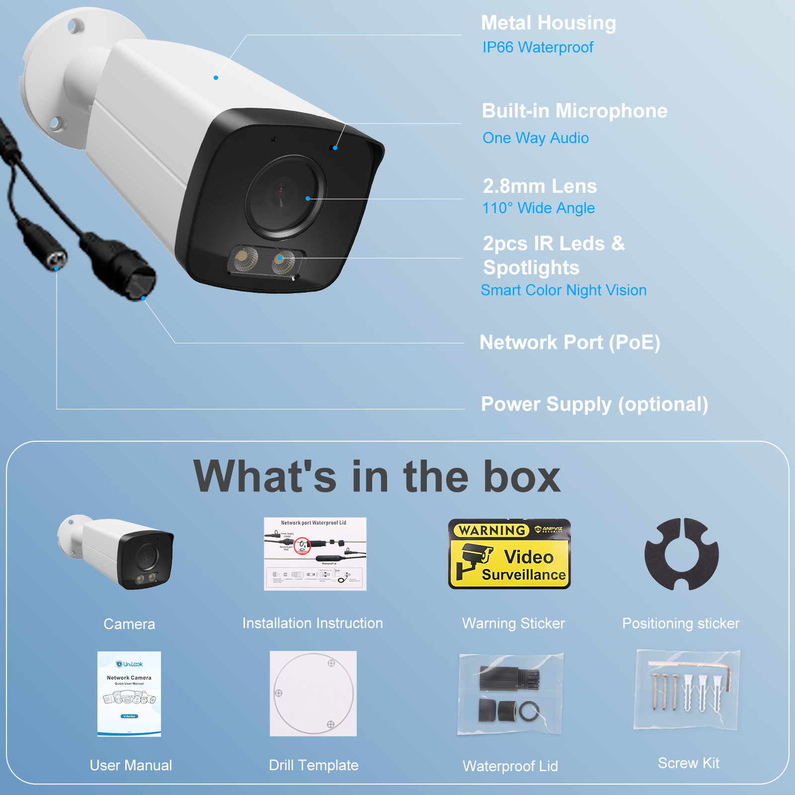 UNILOOK 4K Bullet PoE IP Camera Outdoor, 8MP Wired Security IP Camera AI Human Vehicle Detection, 100ft Smart Color Night Vision, Audio, 2.8mm Lens, Waterproof, Micro SD Slot(up to 512GB), NDAA