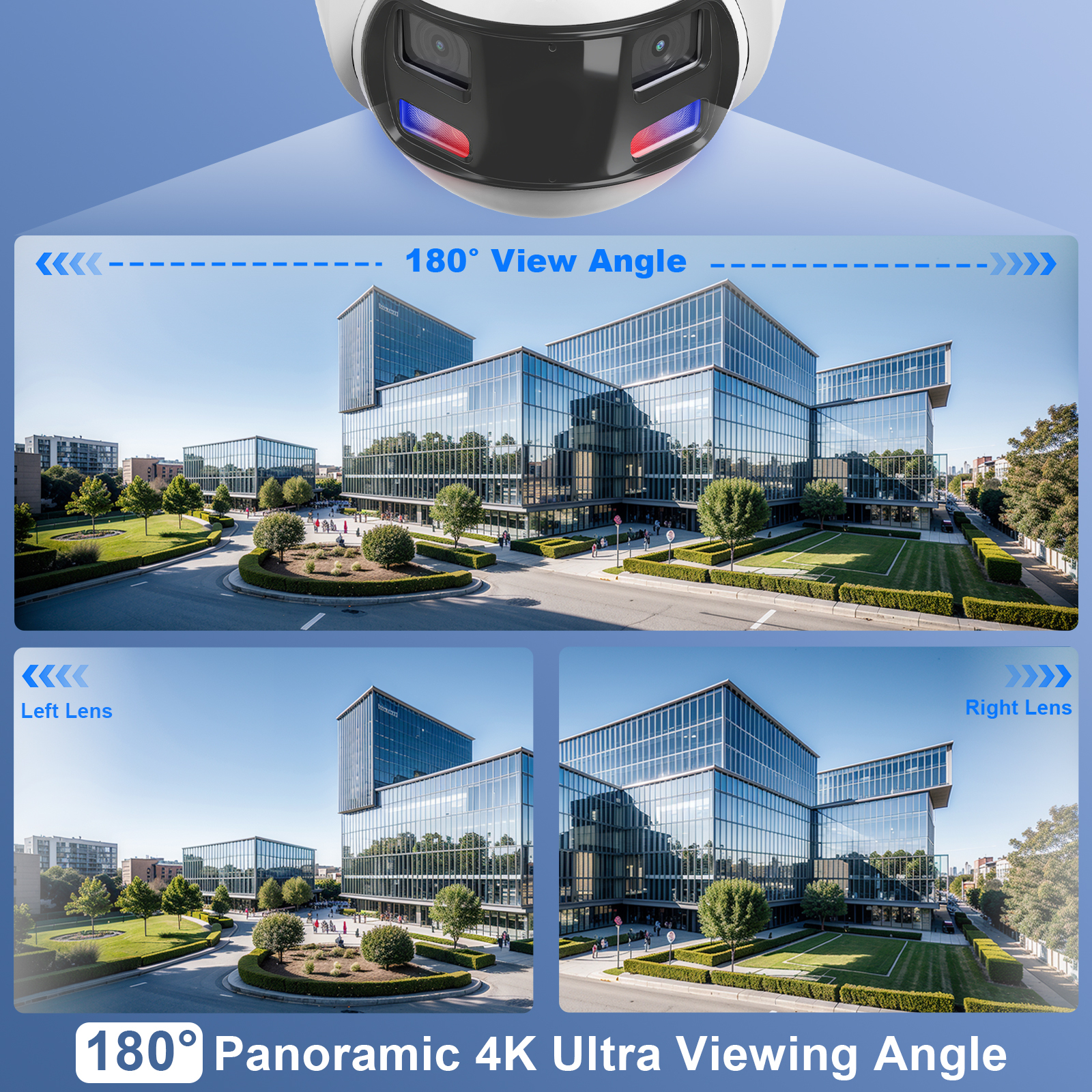 4K Dual Lenses Security PoE Camera Outdoor, Seamless Panoramic 180° View, Strobe Red & Blue Light and Audio Alarm
