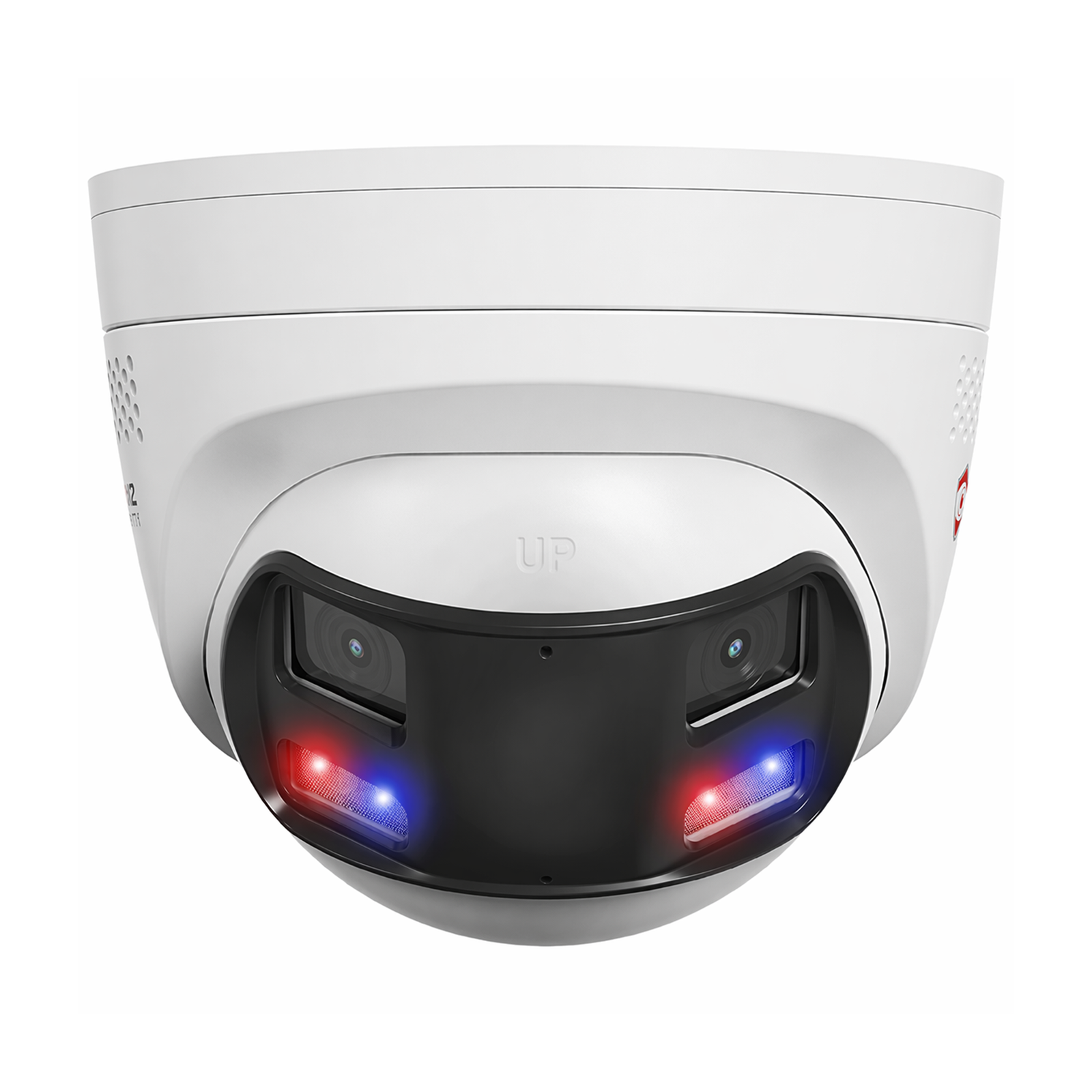 4K Dual Lenses Security PoE Camera Outdoor, Seamless Panoramic 180° View, Strobe Red & Blue Light and Audio Alarm