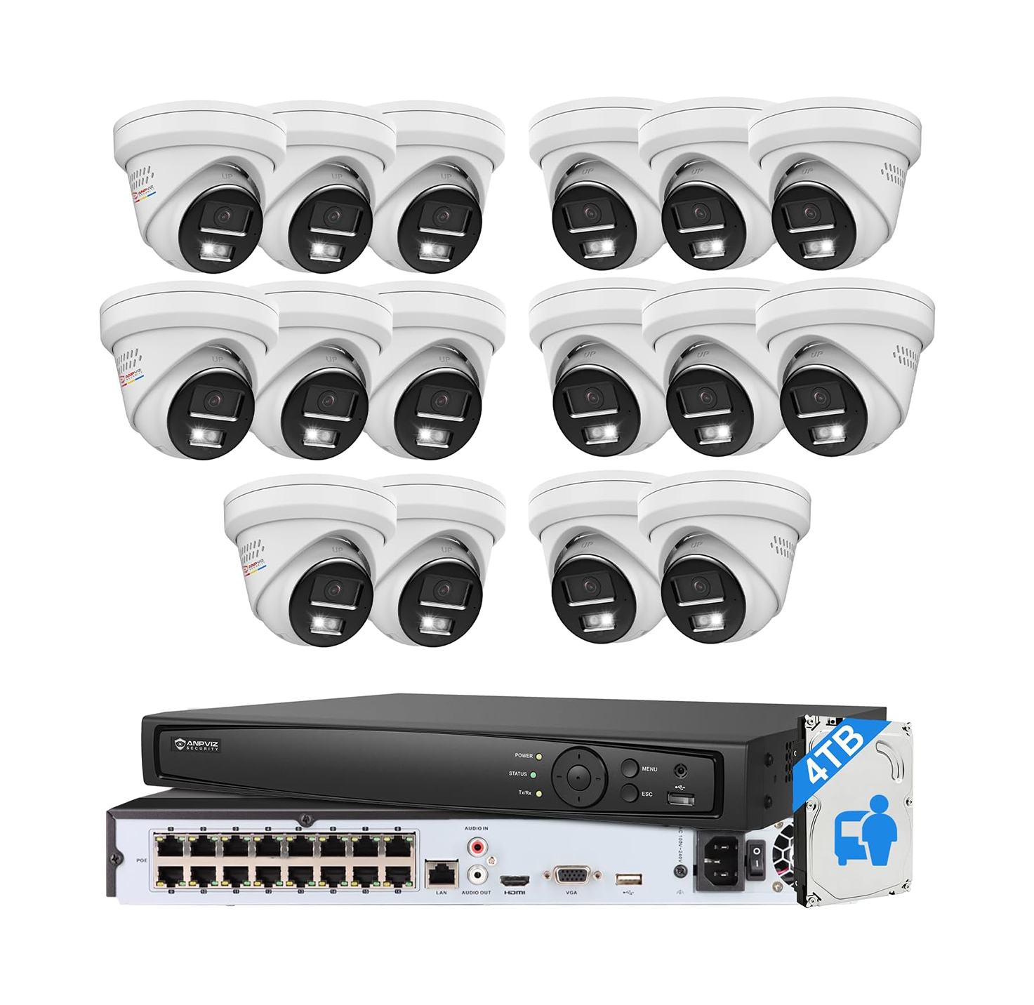USA Only Anpviz 8MP 16CH Security POE Camera Kit, 16PCS 8MP Metal Turret Security IP Cameras, 16 Channels NVR, Smart Color Night Vision, Human Vehicle Detection