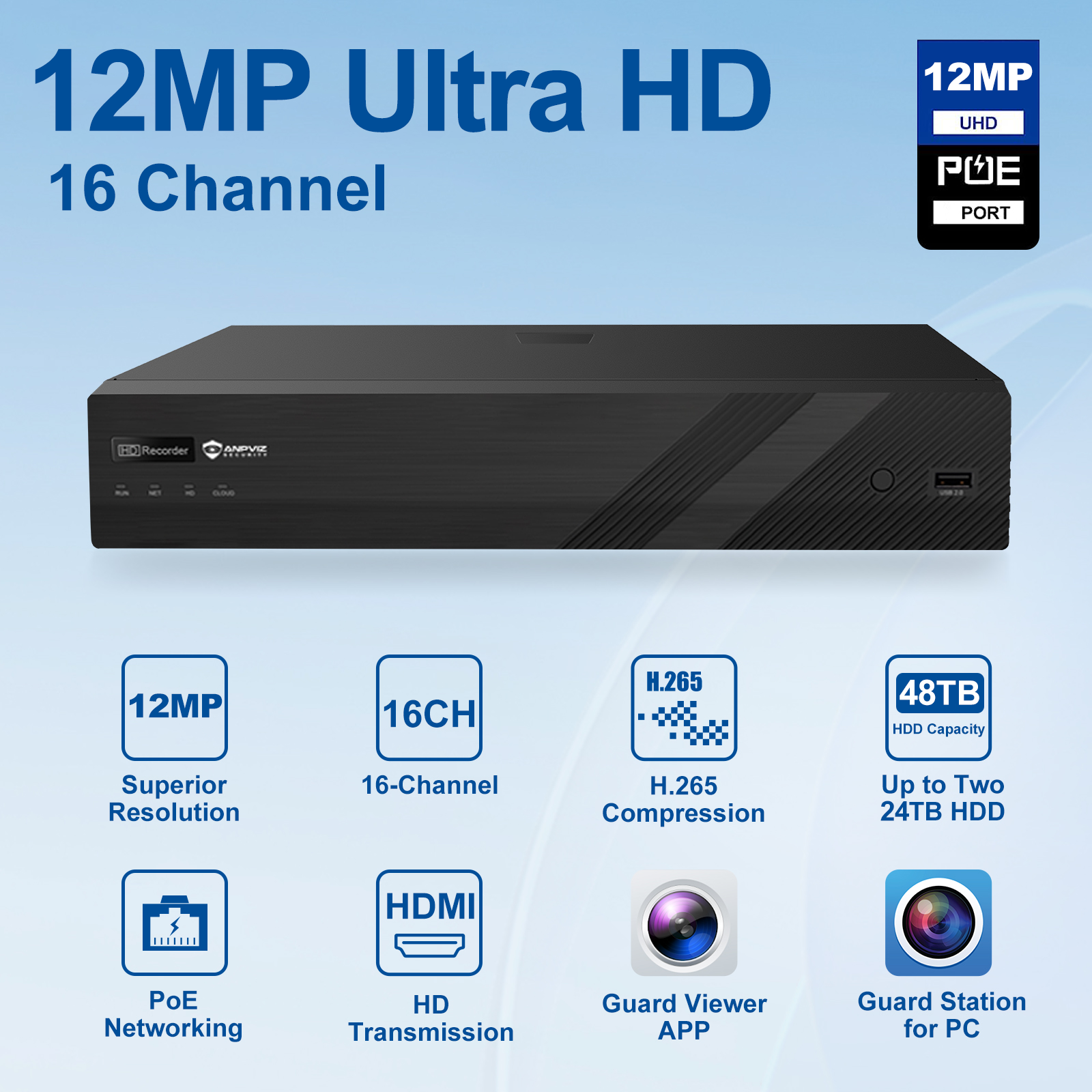 USA Only Anpviz Support 12MP H.265+ POE NVR, 16CH 16POE Port  NVR 2SATA Up to 20TB, Smart recording Network Video Recorder