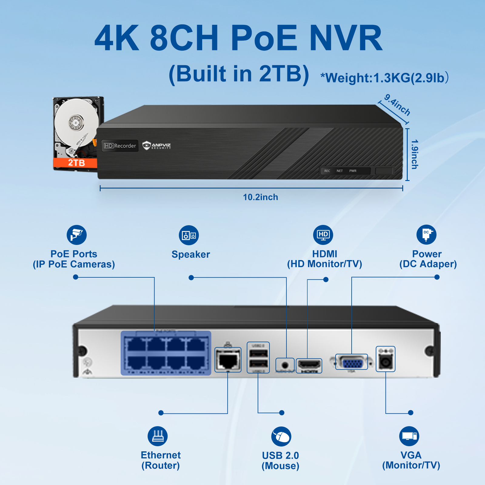 8-Channel 6MP Dome PoE Security Camera System, 4K 8CH NVR with 2TB HDD, 98ft IR Night Vision