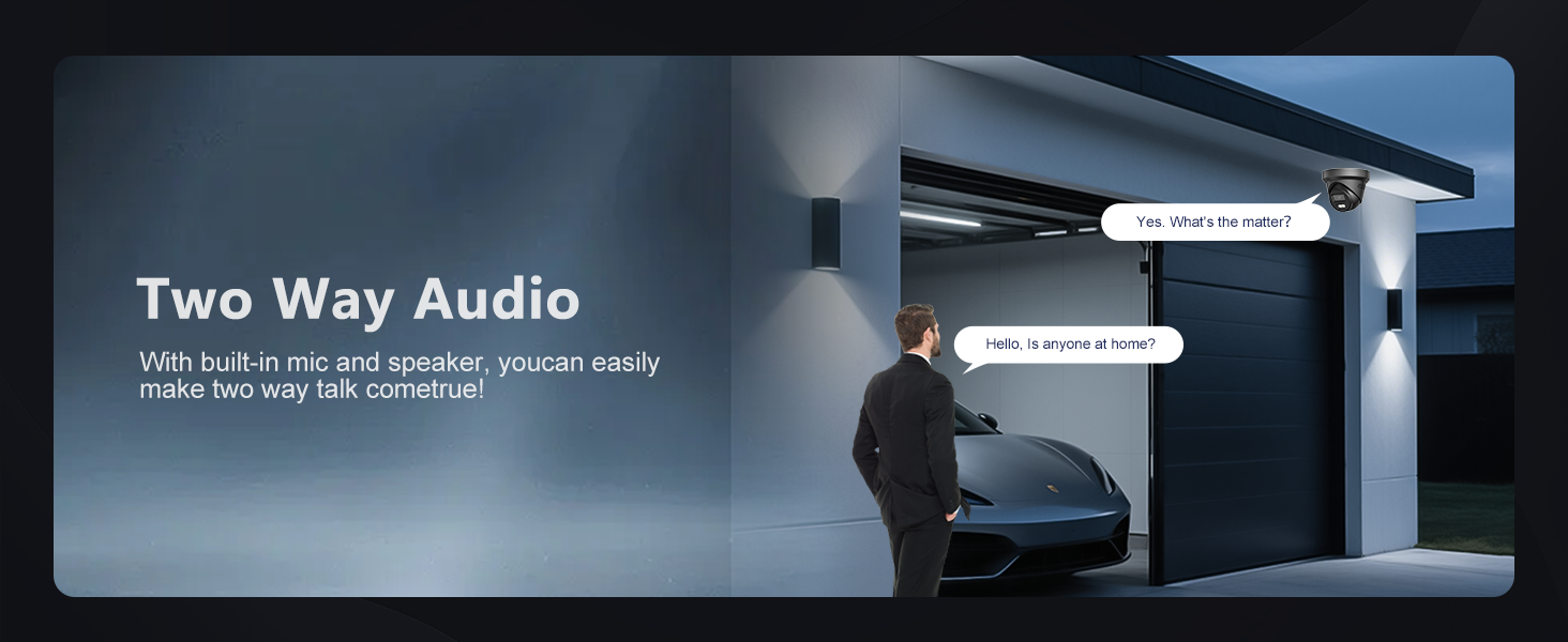 Two way audio PoE turret camera, built-in mic & speaker for real-time intercom talk at garage
