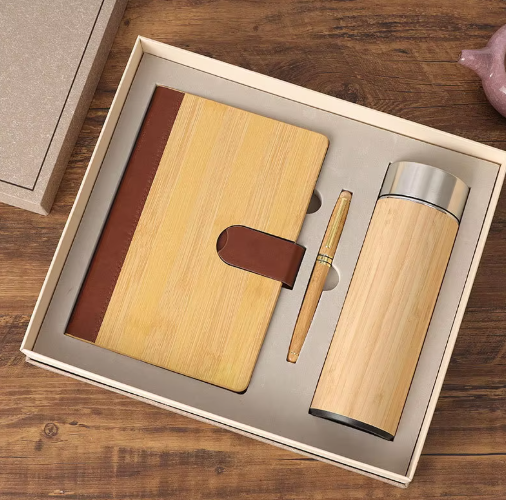 Promotional branding environmental cork bamboo hardcover notebook with widown shape U disk key tag gift set